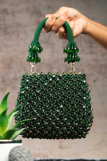 Shop Nayaab By Sonia Emerald Green Crystals, Beads Aurora And Embellished Bag at Aza Fashions Shop_Nayaab By Sonia_Emerald Green Crystals, Beads Aurora And Embellished Bag _at_Aza_Fashions