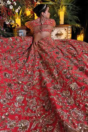 Amaltas Couture Red Silk, Organza, Net Sweetheart Neck Swarovski Embellished Bridal Lehenga Set Online at Aza Fashions Amaltas Couture_Red Silk, Organza, Net Sweetheart Neck Swarovski Embellished Bridal Lehenga Set _Online_at_Aza_Fashions