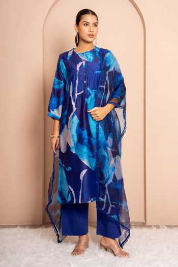 Buy Kameez Blue Chanderi, Cotton, Organza Round Neck, Yes Reverie Digital Print Kurta Set Online at Aza Fashions Buy_Kameez_Blue Chanderi, Cotton, Organza Round Neck, Yes Reverie Digital Print Kurta Set _Online_at_Aza_Fashions