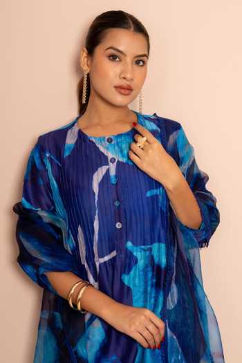 Shop Kameez Blue Chanderi, Cotton, Organza Round Neck, Yes Reverie Digital Print Kurta Set Online at Aza Fashions Shop_Kameez_Blue Chanderi, Cotton, Organza Round Neck, Yes Reverie Digital Print Kurta Set _Online_at_Aza_Fashions