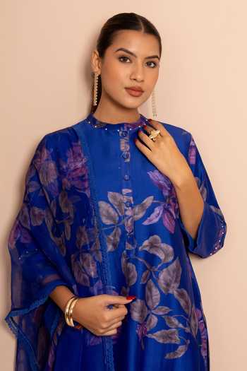 Kameez Blue Chanderi, Cotton, Organza Mandarin Collar, Yes Digital Print Kurta Set Online at Aza Fashions Kameez_Blue Chanderi, Cotton, Organza Mandarin Collar, Yes Digital Print Kurta Set _Online_at_Aza_Fashions
