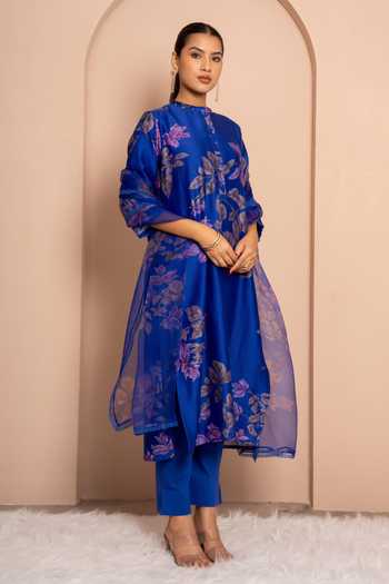 Shop Kameez Blue Chanderi, Cotton, Organza Mandarin Collar, Yes Digital Print Kurta Set Online at Aza Fashions Shop_Kameez_Blue Chanderi, Cotton, Organza Mandarin Collar, Yes Digital Print Kurta Set _Online_at_Aza_Fashions