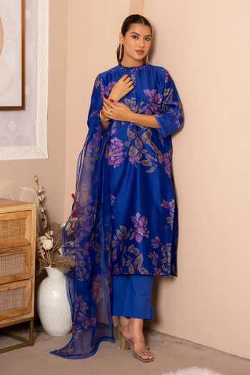 Kameez Blue Chanderi, Cotton, Organza Mandarin Collar, Yes Digital Print Kurta Set at Aza Fashions Kameez_Blue Chanderi, Cotton, Organza Mandarin Collar, Yes Digital Print Kurta Set _at_Aza_Fashions