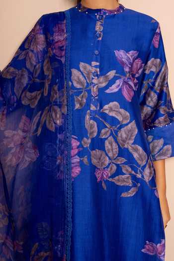 Buy Kameez Blue Chanderi, Cotton, Organza Mandarin Collar, Yes Digital Print Kurta Set Buy_Kameez_Blue Chanderi, Cotton, Organza Mandarin Collar, Yes Digital Print Kurta Set
