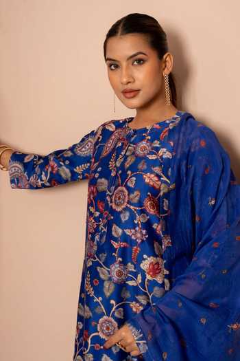Kameez Blue Chanderi, Cotton Round Neck Garden Digital Print Kurta Set Online at Aza Fashions Kameez_Blue Chanderi, Cotton Round Neck Garden Digital Print Kurta Set _Online_at_Aza_Fashions