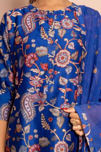 Buy Kameez Blue Chanderi, Cotton Round Neck Garden Digital Print Kurta Set Buy_Kameez_Blue Chanderi, Cotton Round Neck Garden Digital Print Kurta Set