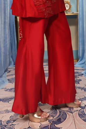 Midushi Bajoria_Red Silk, Chanderi Halter Neck Kurta And Palazzo Set _Online_at_Aza_Fashions
