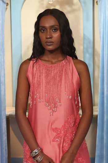 Buy_Midushi Bajoria_Pink Silk, Chanderi Sequins, Beads Halter Neck Hand Work Kurta And Palazzo Set _Online_at_Aza_Fashions
