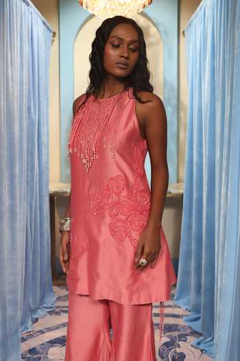 Shop_Midushi Bajoria_Pink Silk, Chanderi Sequins, Beads Halter Neck Hand Work Kurta And Palazzo Set _Online_at_Aza_Fashions