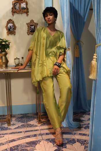 Midushi Bajoria_Olive Green Silk, Chanderi V-neck Hand Work Kaftan And Pant Set _Online_at_Aza_Fashions