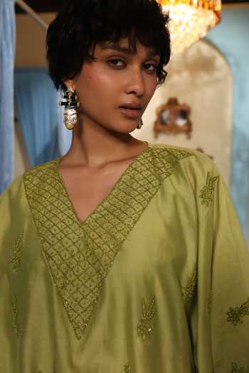 Buy_Midushi Bajoria_Olive Green Silk, Chanderi V-neck Hand Work Kaftan And Pant Set _Online_at_Aza_Fashions