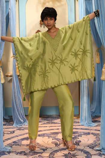Midushi Bajoria_Olive Green Silk, Chanderi V-neck Hand Work Kaftan And Pant Set _at_Aza_Fashions