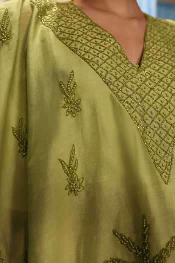Buy_Midushi Bajoria_Olive Green Silk, Chanderi V-neck Hand Work Kaftan And Pant Set 