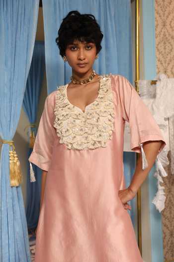 Midushi Bajoria_Pink Silk, Cotton, Chanderi V-neck Kurta And Pant Set _Online_at_Aza_Fashions