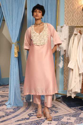 Buy_Midushi Bajoria_Pink Silk, Cotton, Chanderi V-neck Kurta And Pant Set _Online_at_Aza_Fashions