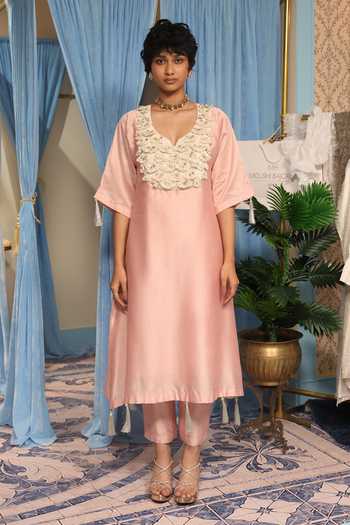 Shop_Midushi Bajoria_Pink Silk, Cotton, Chanderi V-neck Kurta And Pant Set _Online_at_Aza_Fashions