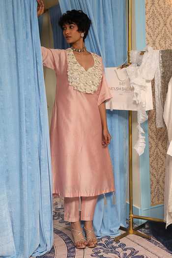 Midushi Bajoria_Pink Silk, Cotton, Chanderi V-neck Kurta And Pant Set _at_Aza_Fashions
