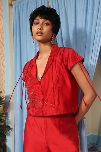 Midushi Bajoria_Red Silk, Cotton, Chanderi Collared Neck Embroidered Jacket And Pant Set _Online_at_Aza_Fashions