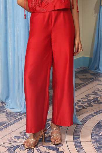 Buy Midushi Bajoria Red Silk, Cotton, Chanderi Collared Neck Embroidered Jacket And Pant Set Online at Aza Fashions Buy_Midushi Bajoria_Red Silk, Cotton, Chanderi Collared Neck Embroidered Jacket And Pant Set _Online_at_Aza_Fashions
