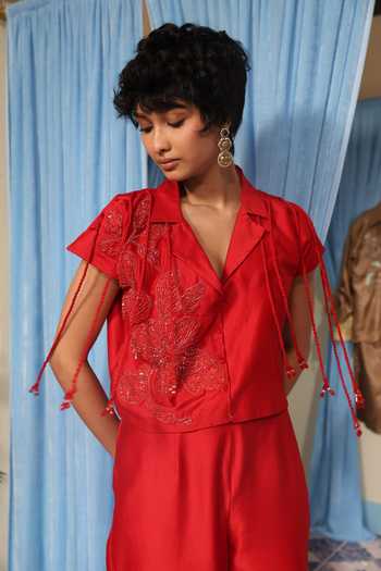 Shop_Midushi Bajoria_Red Silk, Cotton, Chanderi Collared Neck Embroidered Jacket And Pant Set _Online_at_Aza_Fashions