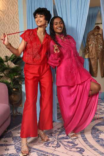 Midushi Bajoria_Red Silk, Cotton, Chanderi Collared Neck Embroidered Jacket And Pant Set _at_Aza_Fashions