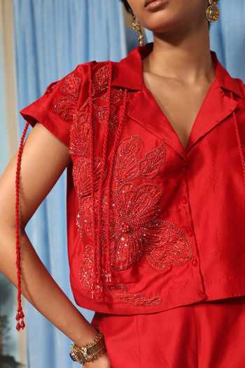 Buy_Midushi Bajoria_Red Silk, Cotton, Chanderi Collared Neck Embroidered Jacket And Pant Set 