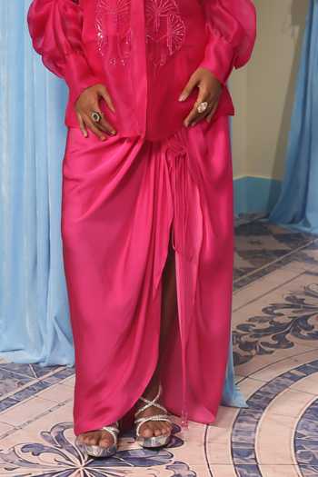 Midushi Bajoria Pink Silk, Organza, Satin, Shantoon Collared Neck Hand Work Shirt And Skirt Set Online at Aza Fashions Midushi Bajoria_Pink Silk, Organza, Satin, Shantoon Collared Neck Hand Work Shirt And Skirt Set _Online_at_Aza_Fashions