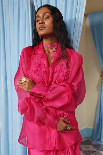 Buy_Midushi Bajoria_Pink Silk, Organza, Satin, Shantoon Collared Neck Hand Work Shirt And Skirt Set _Online_at_Aza_Fashions