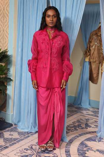 Shop_Midushi Bajoria_Pink Silk, Organza, Satin, Shantoon Collared Neck Hand Work Shirt And Skirt Set _Online_at_Aza_Fashions