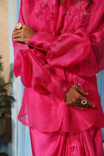 Midushi Bajoria_Pink Silk, Organza, Satin, Shantoon Collared Neck Hand Work Shirt And Skirt Set _at_Aza_Fashions
