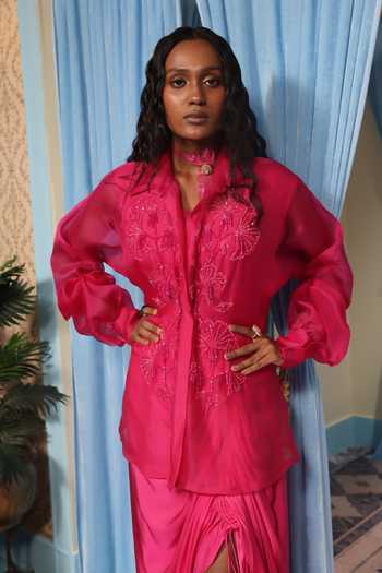 Buy_Midushi Bajoria_Pink Silk, Organza, Satin, Shantoon Collared Neck Hand Work Shirt And Skirt Set 