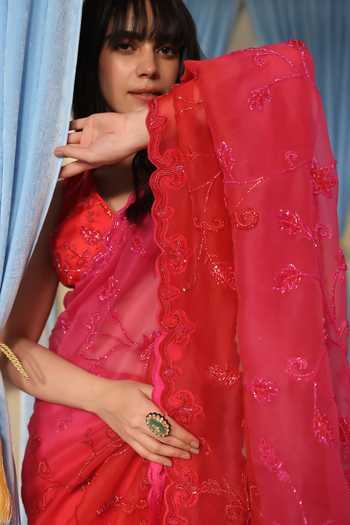 Midushi Bajoria_Pink Organza, Satin V-neck Ombre Embroidered Saree With Blouse _Online_at_Aza_Fashions