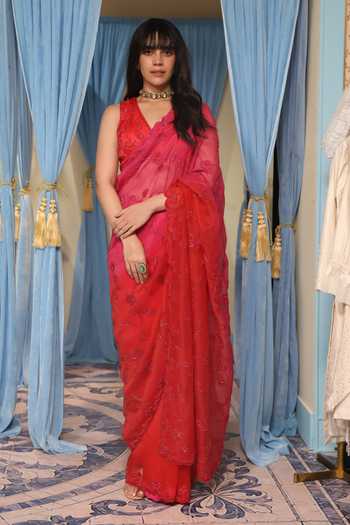 Buy_Midushi Bajoria_Pink Organza, Satin V-neck Ombre Embroidered Saree With Blouse _Online_at_Aza_Fashions