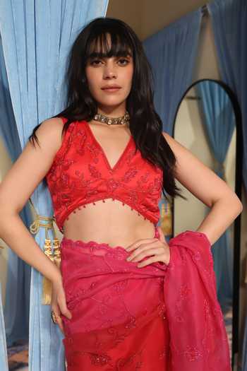 Midushi Bajoria_Pink Organza, Satin V-neck Ombre Embroidered Saree With Blouse _at_Aza_Fashions