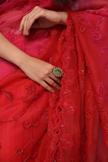 Buy_Midushi Bajoria_Pink Organza, Satin V-neck Ombre Embroidered Saree With Blouse 