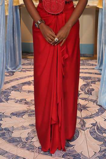 Midushi Bajoria Red Silk, Satin, Shantoon, Chanderi V-neck Hand Work Top And Skirt Set Online at Aza Fashions Midushi Bajoria_Red Silk, Satin, Shantoon, Chanderi V-neck Hand Work Top And Skirt Set _Online_at_Aza_Fashions