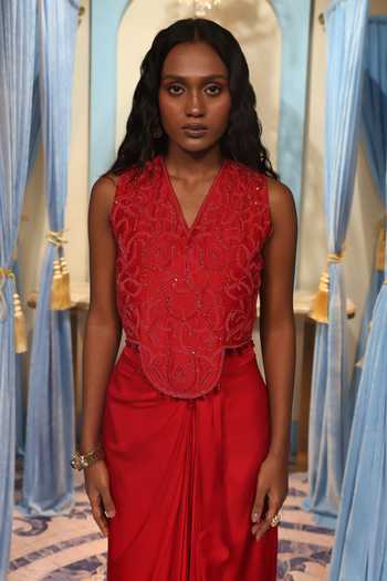 Buy_Midushi Bajoria_Red Silk, Satin, Shantoon, Chanderi V-neck Hand Work Top And Skirt Set _Online_at_Aza_Fashions
