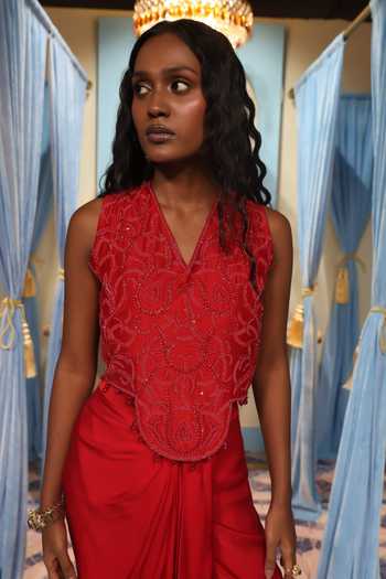 Shop_Midushi Bajoria_Red Silk, Satin, Shantoon, Chanderi V-neck Hand Work Top And Skirt Set _Online_at_Aza_Fashions
