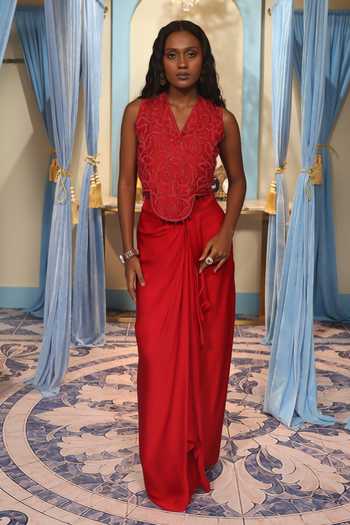 Midushi Bajoria_Red Silk, Satin, Shantoon, Chanderi V-neck Hand Work Top And Skirt Set _at_Aza_Fashions