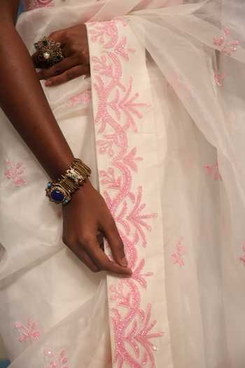 Midushi Bajoria_Off White Silk, Organza, Satin, Shantoon V-neck Hand Work Saree With Blouse _Online_at_Aza_Fashions