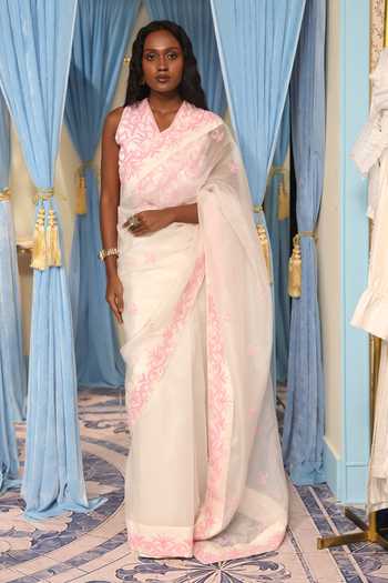 Shop_Midushi Bajoria_Off White Silk, Organza, Satin, Shantoon V-neck Hand Work Saree With Blouse _Online_at_Aza_Fashions