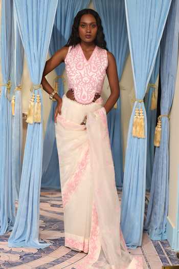 Midushi Bajoria_Off White Silk, Organza, Satin, Shantoon V-neck Hand Work Saree With Blouse _at_Aza_Fashions