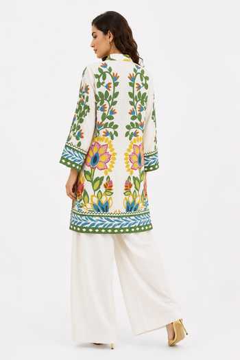 Shop Poppi Multi Color Cotton Mandarin Collar Printed Kurta And Palazzo Set at Aza Fashions Shop_Poppi_Multi Color Cotton Mandarin Collar Printed Kurta And Palazzo Set _at_Aza_Fashions