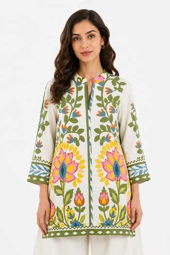 Buy Poppi Multi Color Cotton Mandarin Collar Printed Kurta And Palazzo Set Buy_Poppi_Multi Color Cotton Mandarin Collar Printed Kurta And Palazzo Set