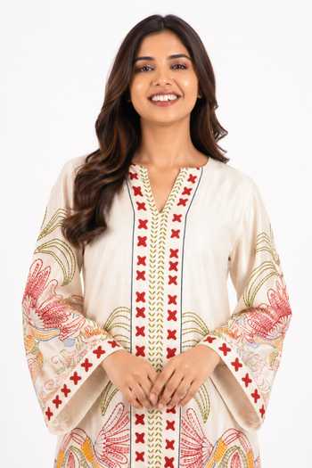 Shop Poppi Multi Color Cotton V-neck, Yes Printed Kurta And Palazzo Set Online at Aza Fashions Shop_Poppi_Multi Color Cotton V-neck, Yes Printed Kurta And Palazzo Set _Online_at_Aza_Fashions