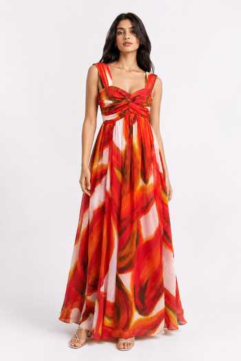 Poppi_Red Chiffon, Viscose Sweetheart Neck Printed Maxi Dress _Online_at_Aza_Fashions