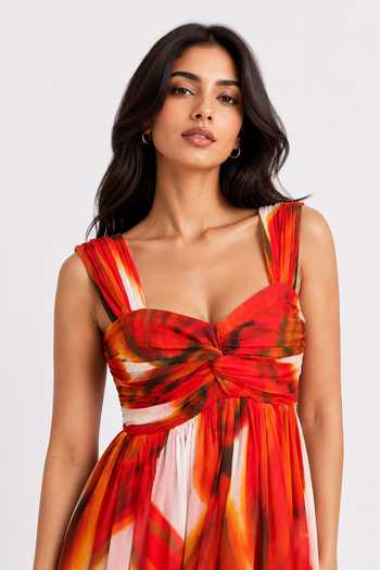 Buy_Poppi_Red Chiffon, Viscose Sweetheart Neck Printed Maxi Dress _Online_at_Aza_Fashions