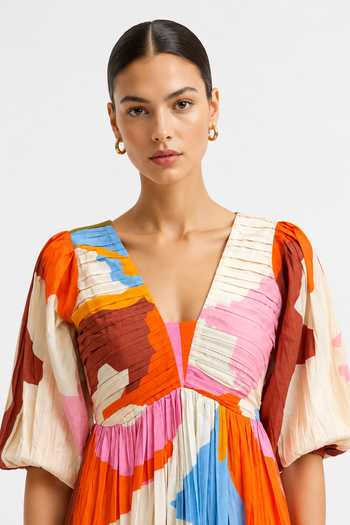 Shop Poppi Multi Color Cotton V-neck Abstract Print Dress Online at Aza Fashions Shop_Poppi_Multi Color Cotton V-neck Abstract Print Dress _Online_at_Aza_Fashions