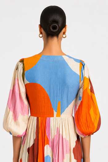 Poppi Multi Color Cotton V-neck Abstract Print Dress at Aza Fashions Poppi_Multi Color Cotton V-neck Abstract Print Dress _at_Aza_Fashions