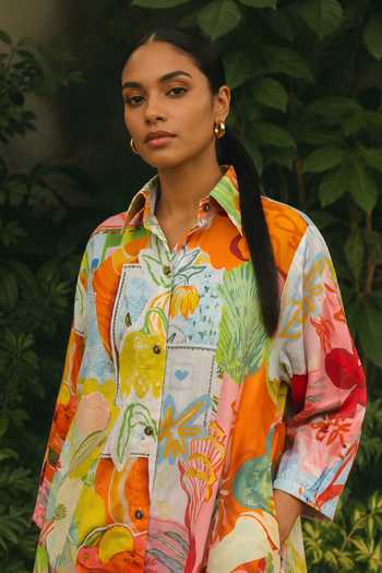 Poppi Multi Color Cotton Collared Neck Printed Kurta And Pant Set Online at Aza Fashions Poppi_Multi Color Cotton Collared Neck Printed Kurta And Pant Set _Online_at_Aza_Fashions